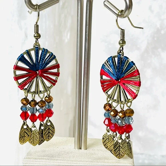 FERRIS WHEEL Southwestern pinwheel DANGLE earring gold feather leaf dangling - Picture 2 of 12
